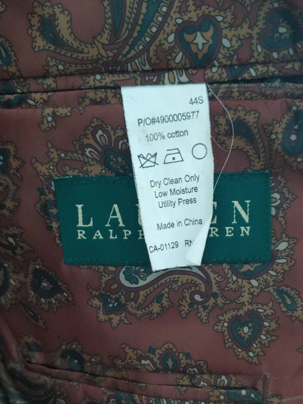 Vintage Ralph Lauren Corduroy Blazer Brown Paisley Lined Men's Size 44S